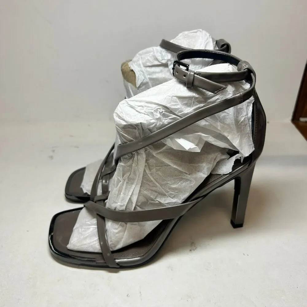 DKNY Womens 9 M High Shine Mushroom Grey Audrey Strappy High Heels NIB RI2